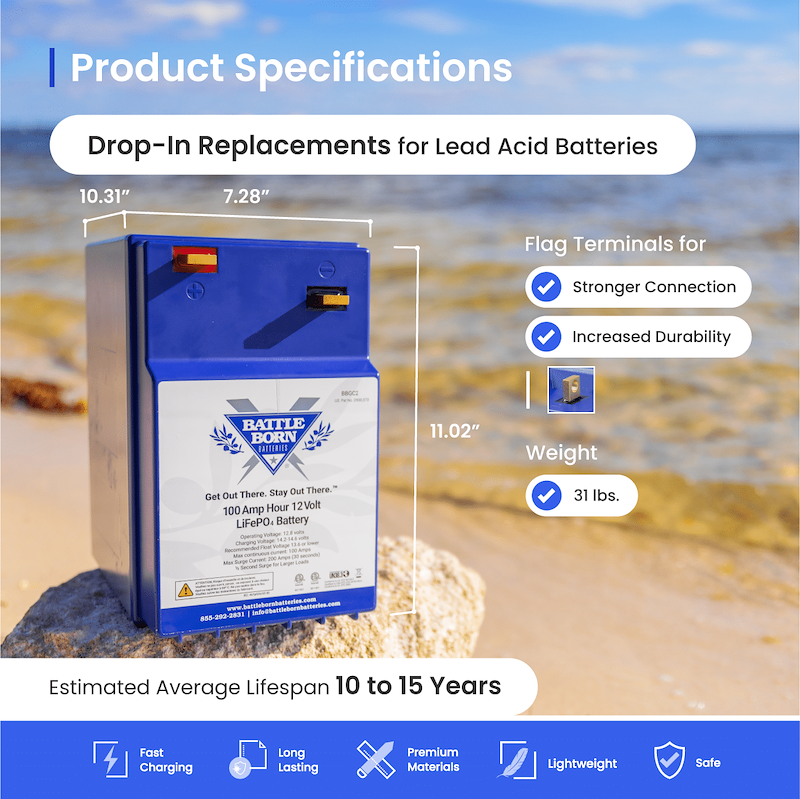 Battle Born Lithium Deep Cycle Battery BBGC2 Group GC2 12V 100Ah RV Marine