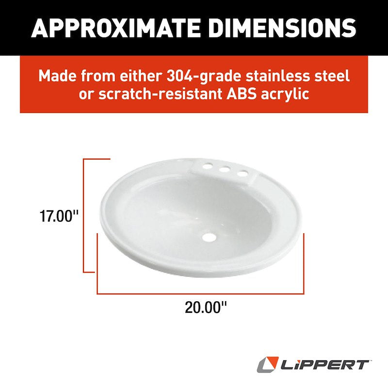 RV Oval Sink – Drop-In, White, 3-Hole Faucet Mount