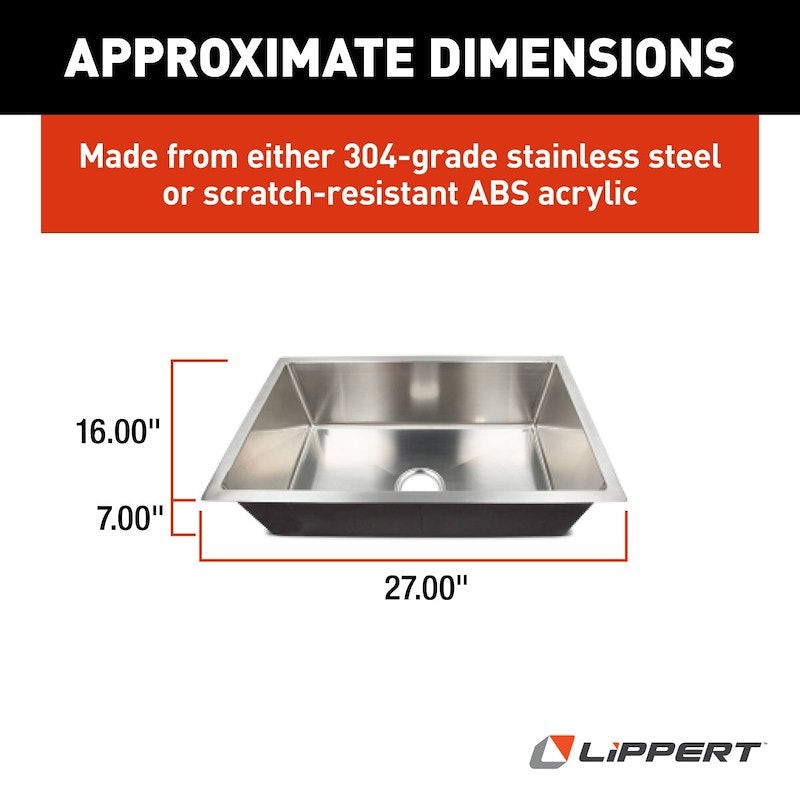RV Undermount Square Sink – 27" Stainless Steel, No Faucet Mount