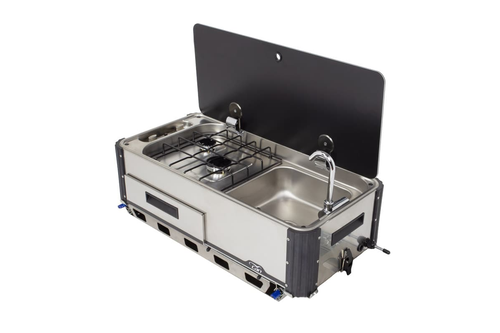 Table de cuisson à 2 brûleurs CAN SRL avec évier - Acier inoxydable et couvercle en verre noir - Modèle SL1400LC-O