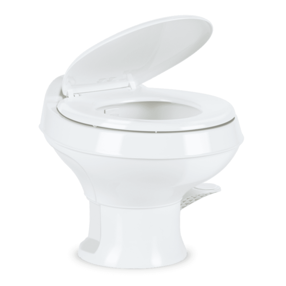 Dometic 301 Series RV Toilet – Permanent, Pedal Flush Control, Triple-Jet Bowl Rinse, White, Round