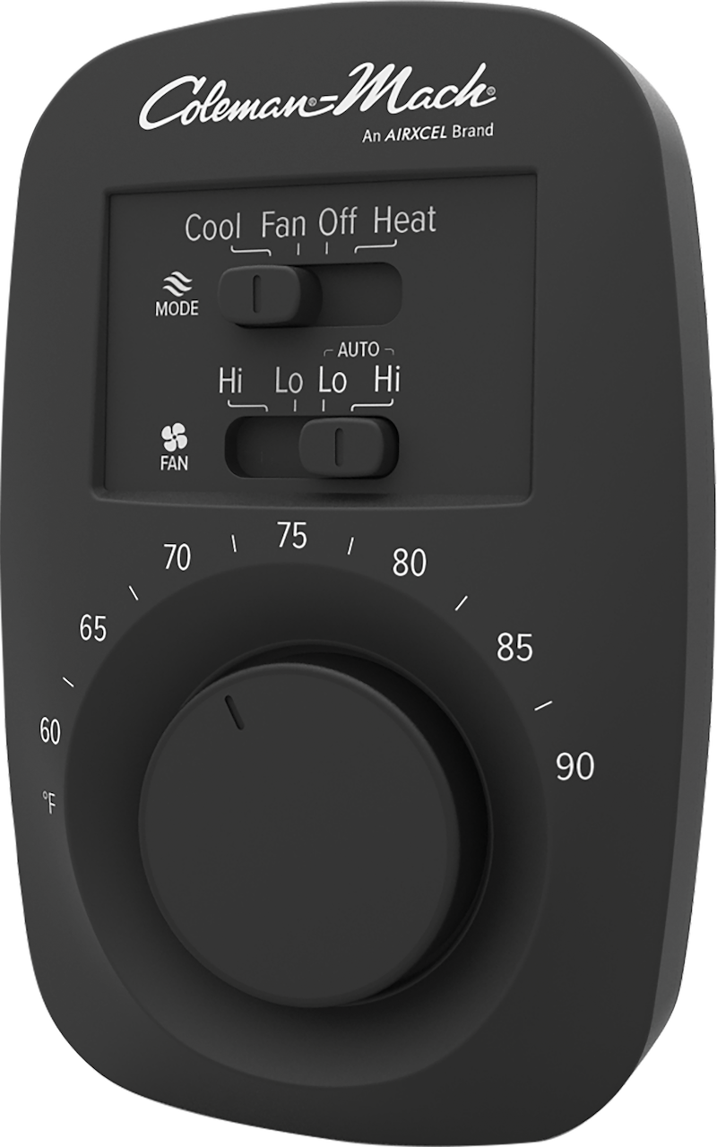Coleman-Mach Wall Thermostat – 12V DC, Single Stage, Heat/Cool, Mechanical Control, Black, Fan Speed