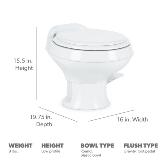 Dometic 301 Series RV Toilet – Permanent, Pedal Flush Control, Triple-Jet Bowl Rinse, White, Round