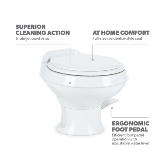 Dometic 301 Series RV Toilet – Permanent, Pedal Flush Control, Triple-Jet Bowl Rinse, White, Round