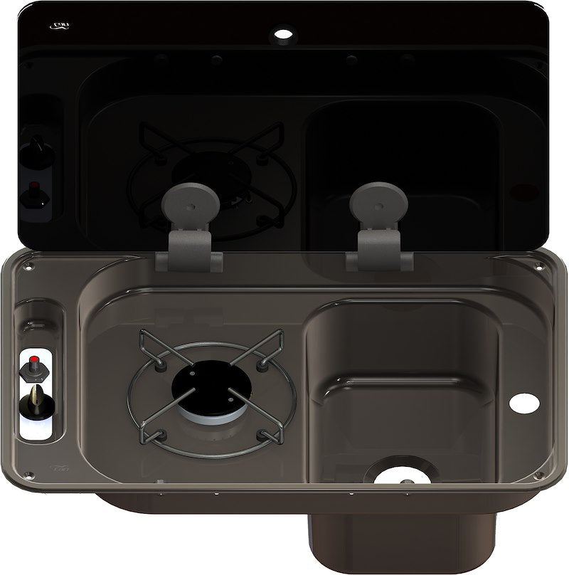 Table de cuisson à brûleur unique CAN SRL avec évier - Acier inoxydable et couvercle en verre noir - Modèle FL1324