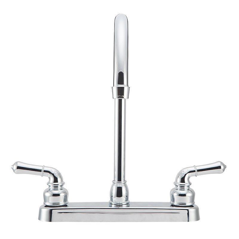 Kitchen Faucet – 12" J-Spout, 8" Deck Mount, Dual Teapot Handles, Chrome