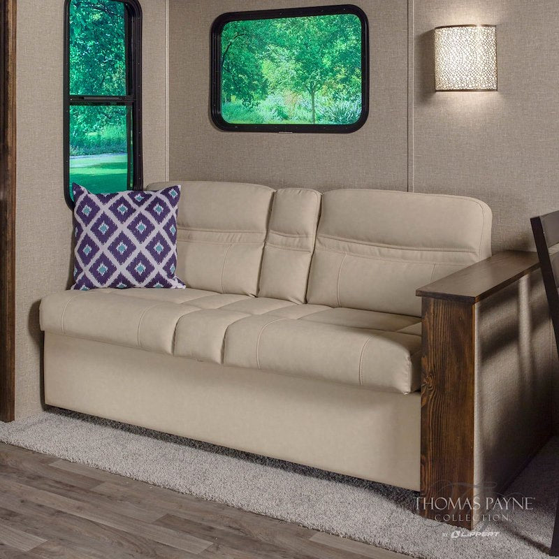 Sofá Jackknife para autocaravana de 62" (beige Altoona), de 2 plazas, con centro abatible y portavasos