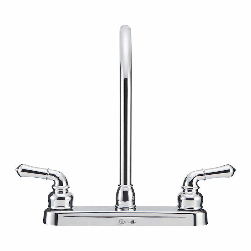 Robinet de cuisine – Bec en J de 12 po, montage sur pont de 8 po, deux poignées en forme de théière, chrome 