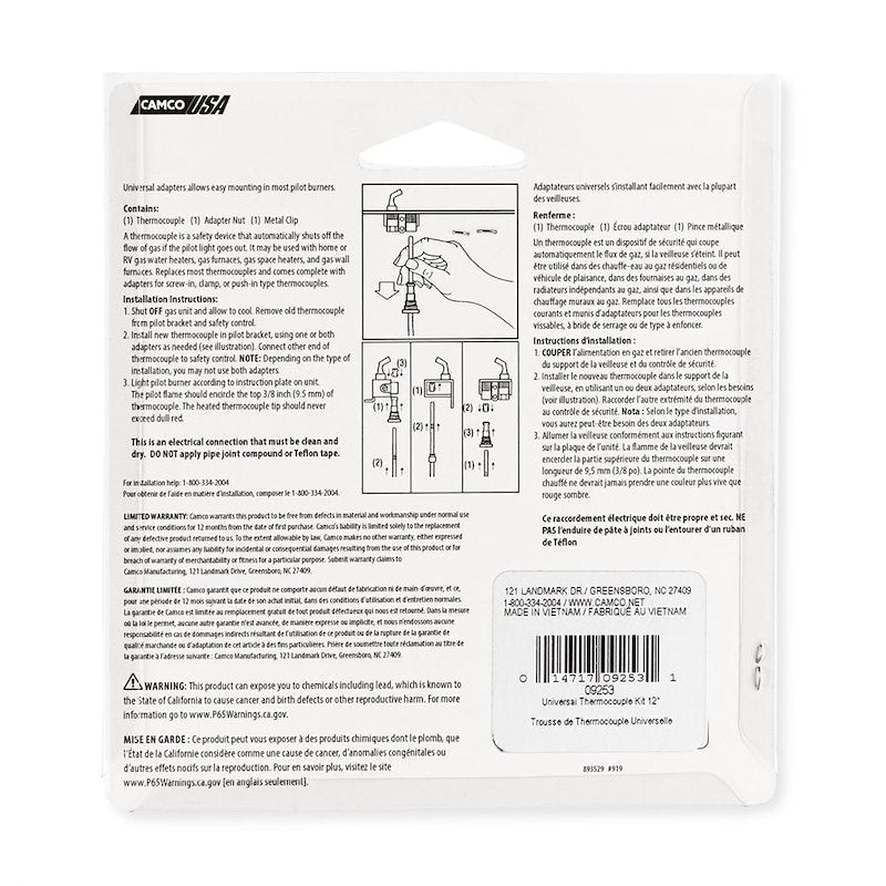 Sonde thermocouple de 12 pouces pour chauffe-eau et chaudières de camping-car
