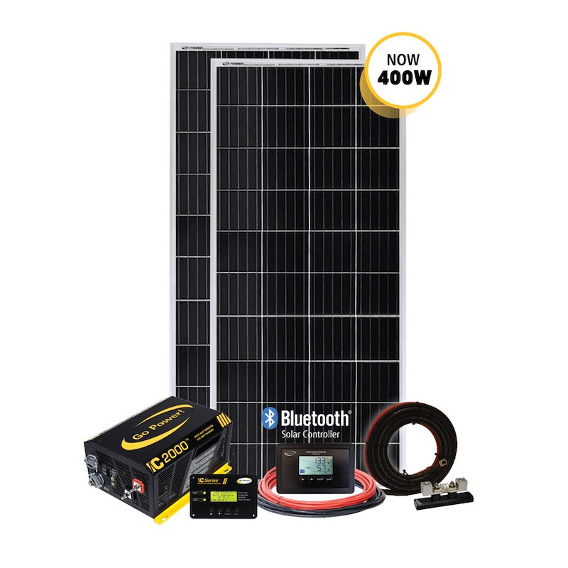 Go Power SOLAR ELITE 400W Solar Charging System – 2×200W Panels,  & 2000W Inverter - Used RV Parts