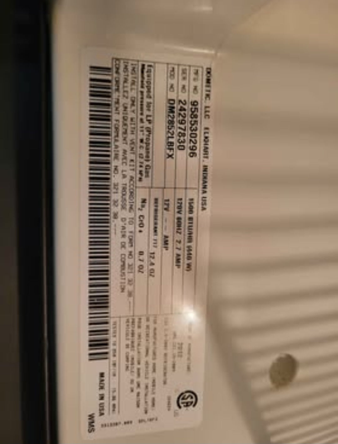 Dometic DM2852 RV Fridge Propane and Electric